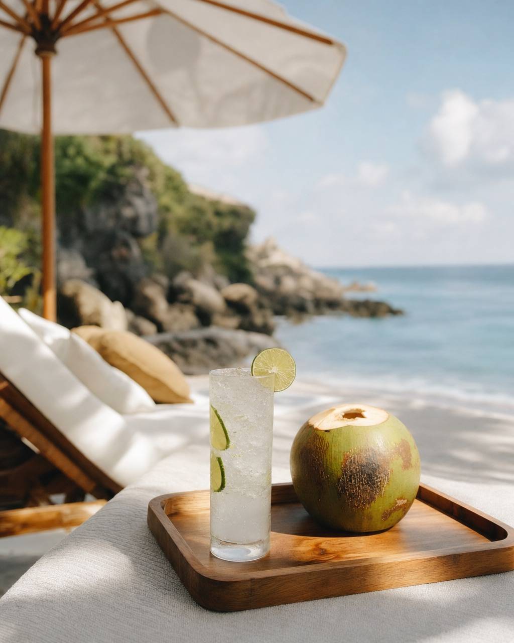 Sparkling Coconut Water: Coconut water, lime and bubbles. Barely sweet.